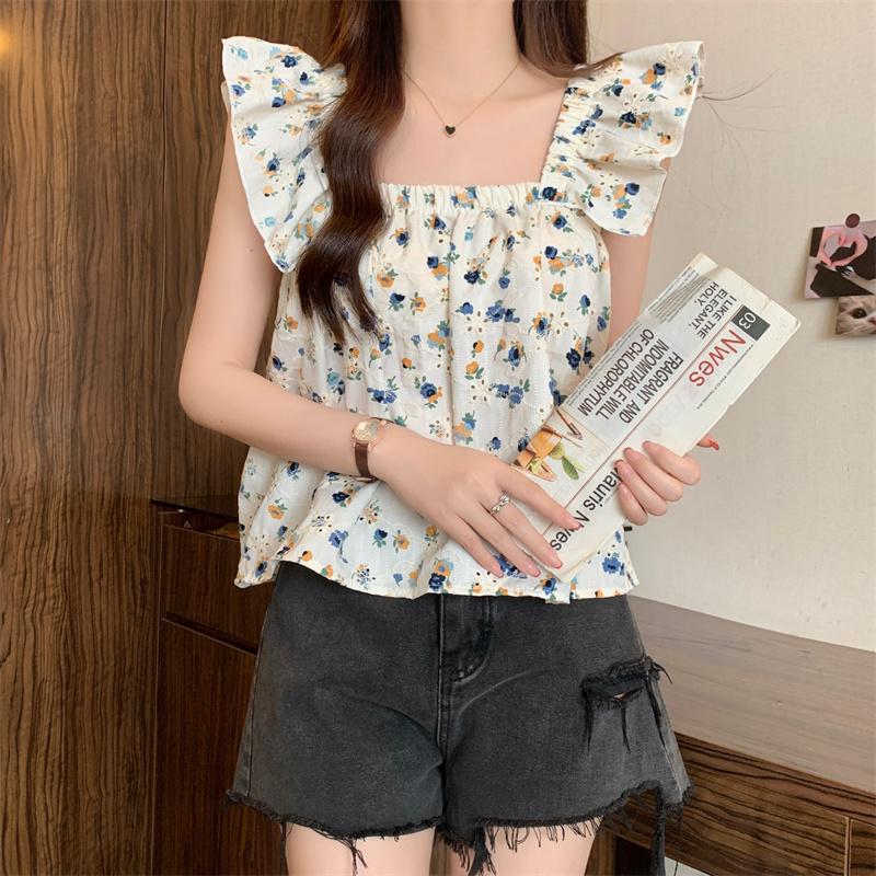 Summer New Loose Print Floral Casual Blouses Women Slim Fit Square Collar Flying Sleeve Women's Shirts Tops Elegant Vintage Female Clothing 26129
