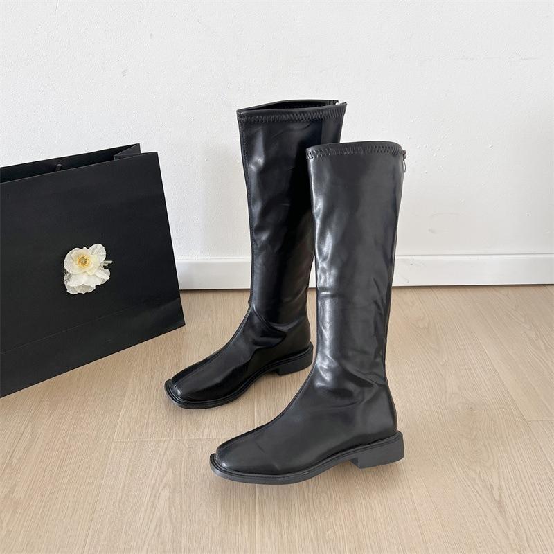 Fashion Luxury Woman Knee High Boots Solid Color Round Toe Square Heel Back Zippers Sewing Slip-On Fashion Vintage Elegant Botas Mujer88