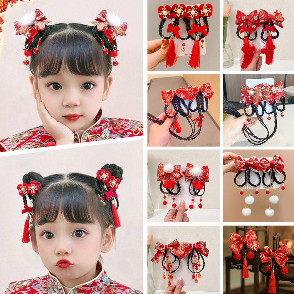 Chinese New Year Style Tassel Hairpin 2pcs Bow Decorative Performance Clothing Hairpin Set Acce E5N3