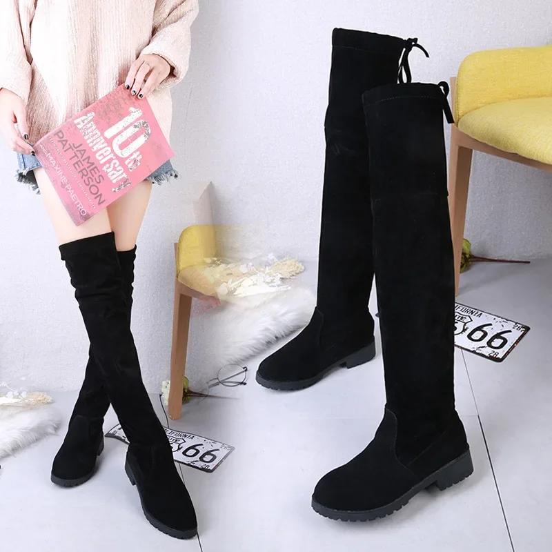 Fashion Faux Suede Female Heels Autumn Winter Elastic Knee-high Boots for Women Tube Lace-up Thigh Boots Black Botas