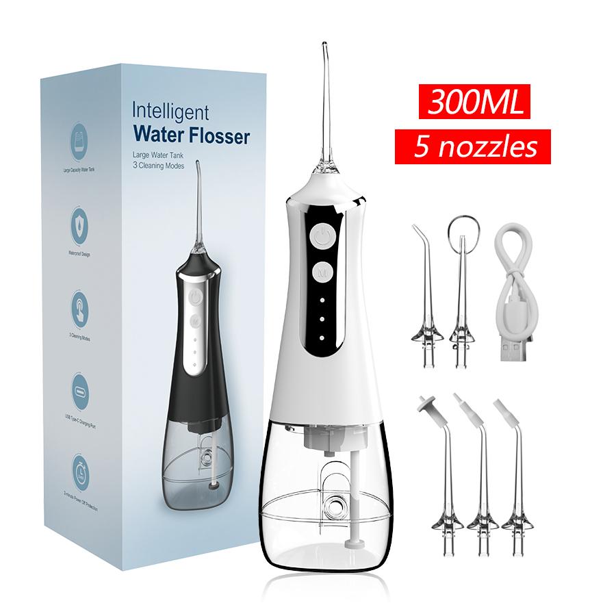 Dental Oral Irrigator Water Flosser Thread Teeth Pick Mouth Washing Machine 5 Nozzels 3 Modes USB Rechargeable 300ml TankDental