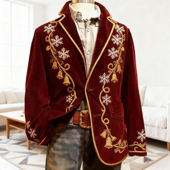 Men Corduroy Suit Coat Single-Breasted Suit Jacket Lapel Long Sleeve 3D Christmas Themed Print Slim Fit Suit Jacket Formal Stage Wear