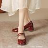 Soft Leather French Single Shoes Women's Thick Heel Burgundy Spring 2025 New Light Mouth High Heels Gentle Mary Jane Shoes