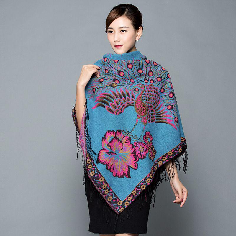 Lijiang Ethnic Style Double-Sided Phoenix Jacquard Cashmere Shawl and Scarf for Women