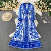 Spring Autumn Women Vintage Print Runway Dresses V-neck Full Sleeve Single Breasted Long Maxi Holiday Dress