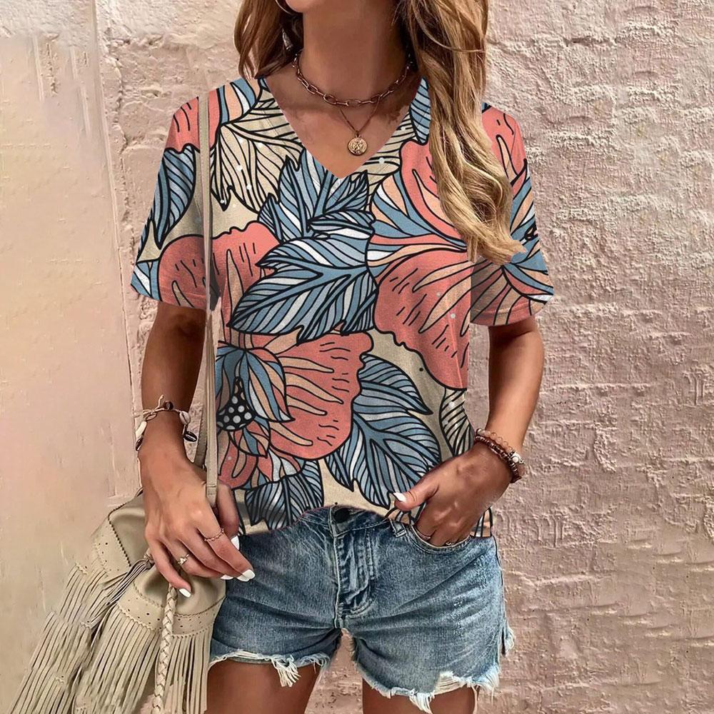Summer Comfortable Women's T-shirt Fashion Flower Pattern Print Leisure Elegant V-neck T-shirt Daily Women's T-shirt