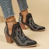 Sizes Available Black Retro Embroidered High Heel Pointed Toe Women's Short Boots, Casual Versatile British Style Chunky Heeled Western Cowboy Boots