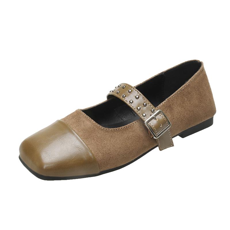 Spring New Flat Shoes Women's Square Head Splicing Suede Shallow Mouth Rivets with Soft Sole Non-slip Single Shoes