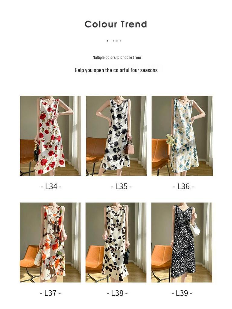 Silk Satin Women's V-neck Print Spaghetti Strap Maxi Dress - Summer 2025 Collection