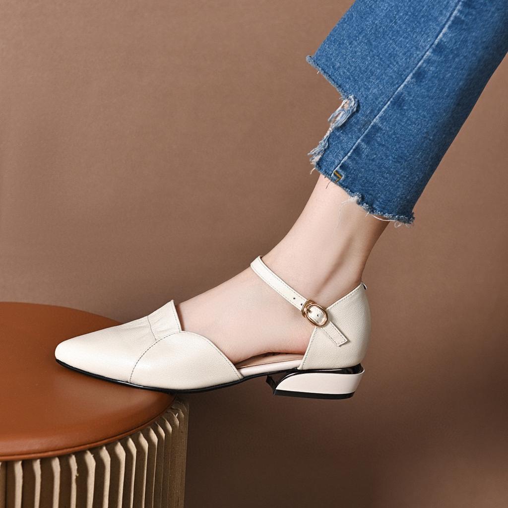Hollow Sandals 2025 Summer New Ruffle Edge Pointed Head with Thick Heel Middle Heel First Layer Cowhide Women's Sandals