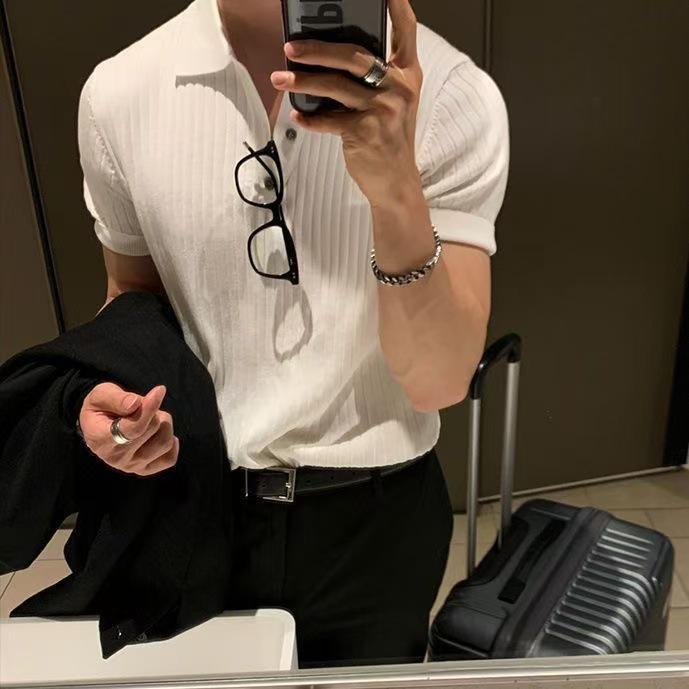 Men's Summer Korean Style Slim Fit Knitted Polo Shirt - Short-Sleeve, Solid Color, Ice Silk, Turn-Down Collar