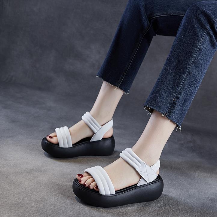 Fashion High Quality Real Leather Sandals for Women In The Summer of Featuring New One-piece Strap and Thick Soled Wedge Heel Sandals