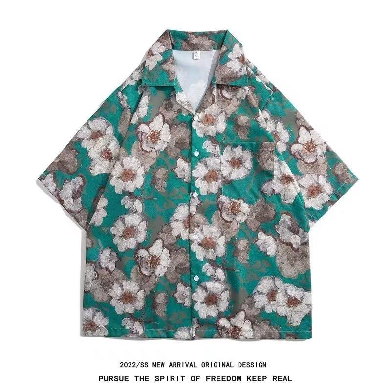 Мужская рубашка в стиле ретро, мужской летний наряд, студенческий свободный крой, нишевый дизайн, повседневный мужской топ, верхняя одежда, пляжный топ