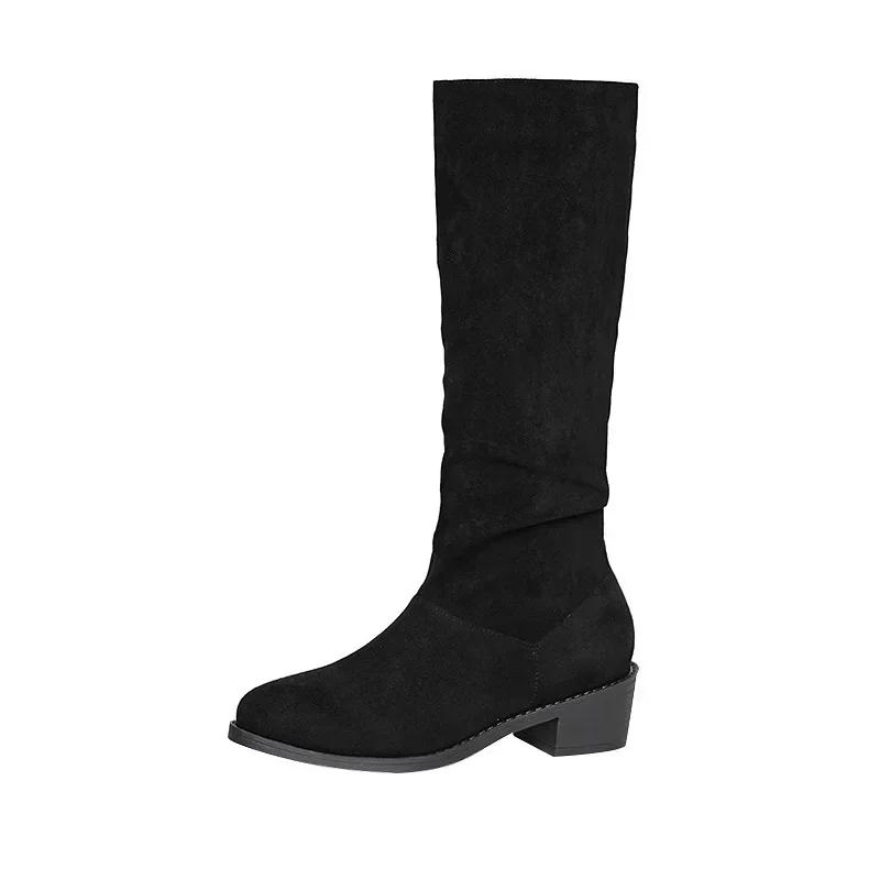 Fashion Pointed Toe Pleated Boots Women Black Nude Faux Suede Flock Knee High Boots Ladies Low Chunky Heel Cowboy Boots Plus Size 2024