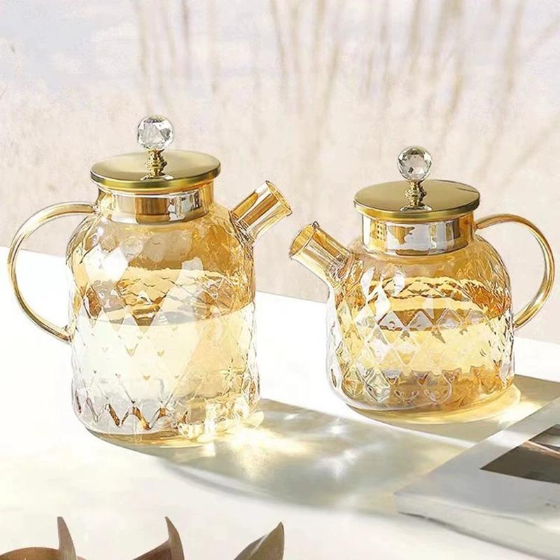 Glass Tea Kettle With Bamboo Lid And Removable Filter Spout Champagne Teapot For Loose Leaf Blooming Tea And Fruit Tea 1/15/1.8L
