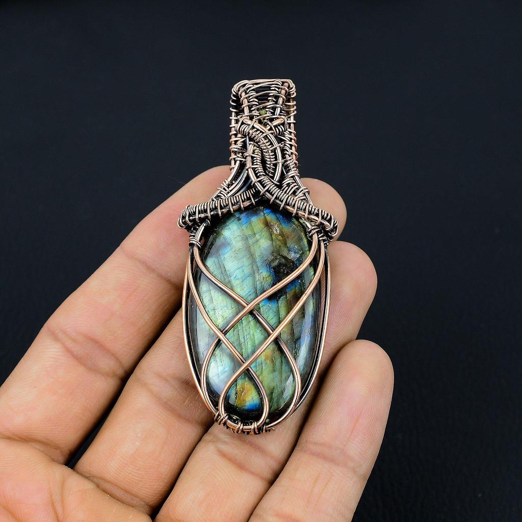 Labradorite Pendant, Handmade Gemstone 999 Copper Wire Wrapped Pendant Antique Jewelry, For Gift Silver Jewelry
