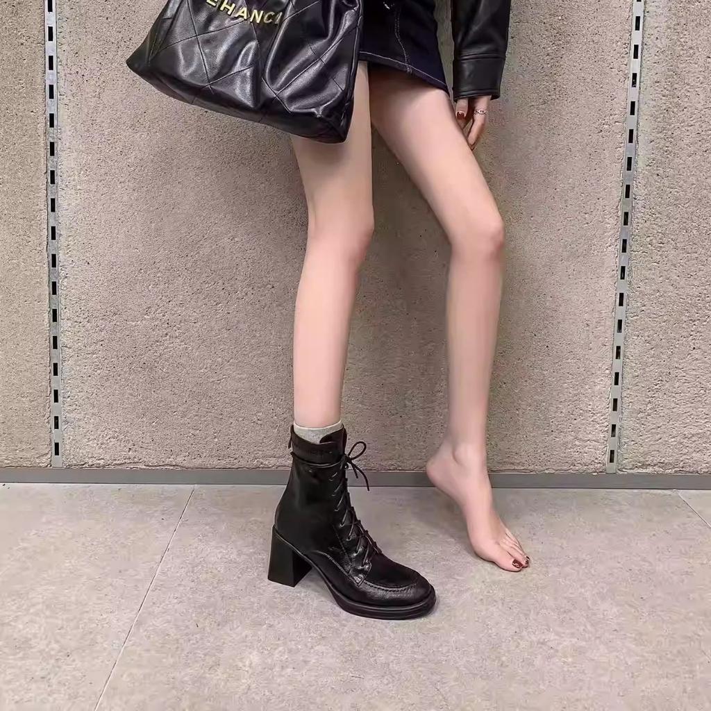 Coarse Heel Heightening Martin Boots Women's 2025 New Versatile Side Zipper Lace-up Short Boots Locomotive Knight Boots