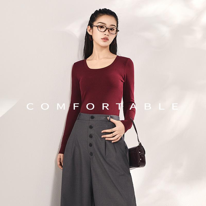 Women's Tencel Bamboo Fiber Long Sleeve Base Shirt with Chest Pad - Autumn/Winter Slimming Top