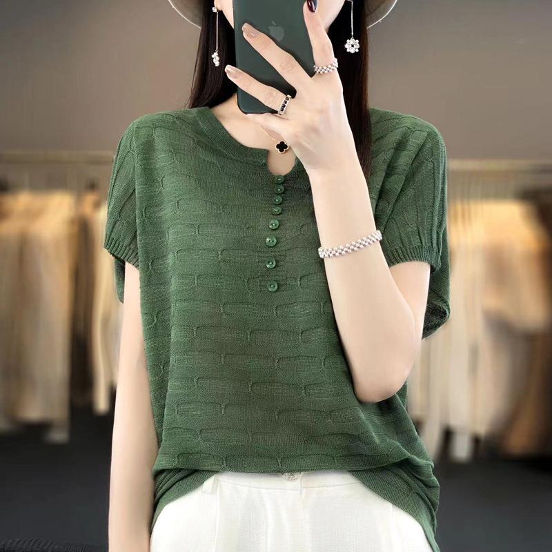 Summer Women T-shirt Loose Casual Solid Color Ice Silk Short Sleeve Loose Knit Top
