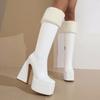 Plus Size Super High Profiled Tapered Heel Faux Fur Turned-Over Edge Warm Winter Snow Boots High Platform Square Toe Knee Boots