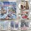 Winter Christmas Shower Curtain Funny Snowman Xmas Trees Fireplace Truck Forest Snowy Scene New Year Holiday Home Bathroom Decor