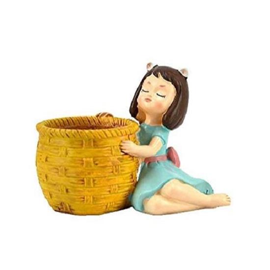 Cute Thinking Dreaming Girl with Basket Showpiece, Office , Home , Car and Desk Decor , Antique Touch , For Birthday , Wedding and Valentine Gift