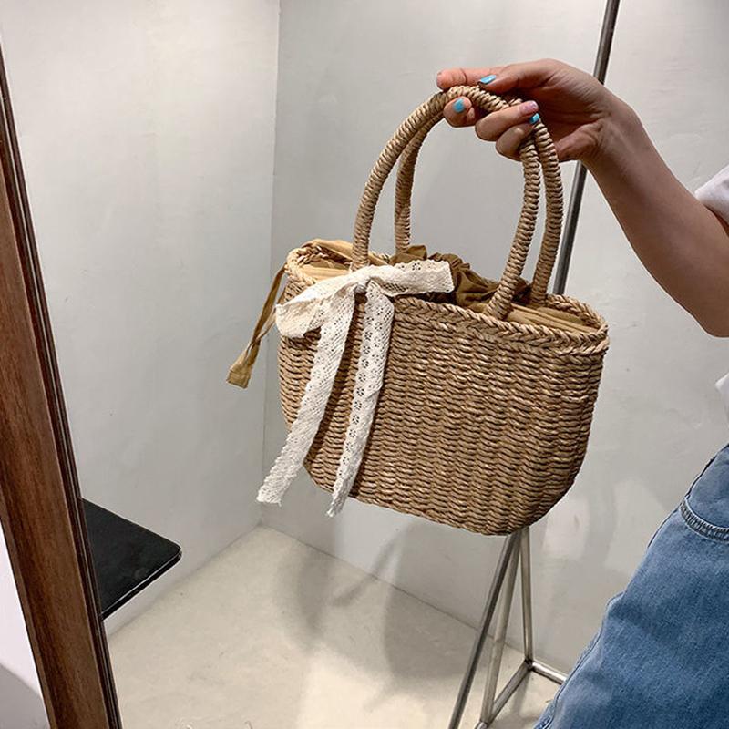 Летняя новая кружевная соломенная сумка женская большая вместимость ротанговая пляжная сумка дорожная сумка ручной работы сумка-ведро сумка-тоут MIT