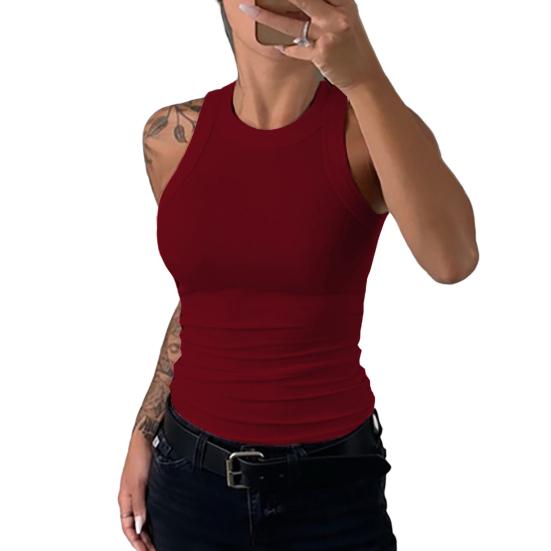 Women Vest Round Neck Sleeveless Elastic Slim Fit Tops Solid Color Sport Camisole