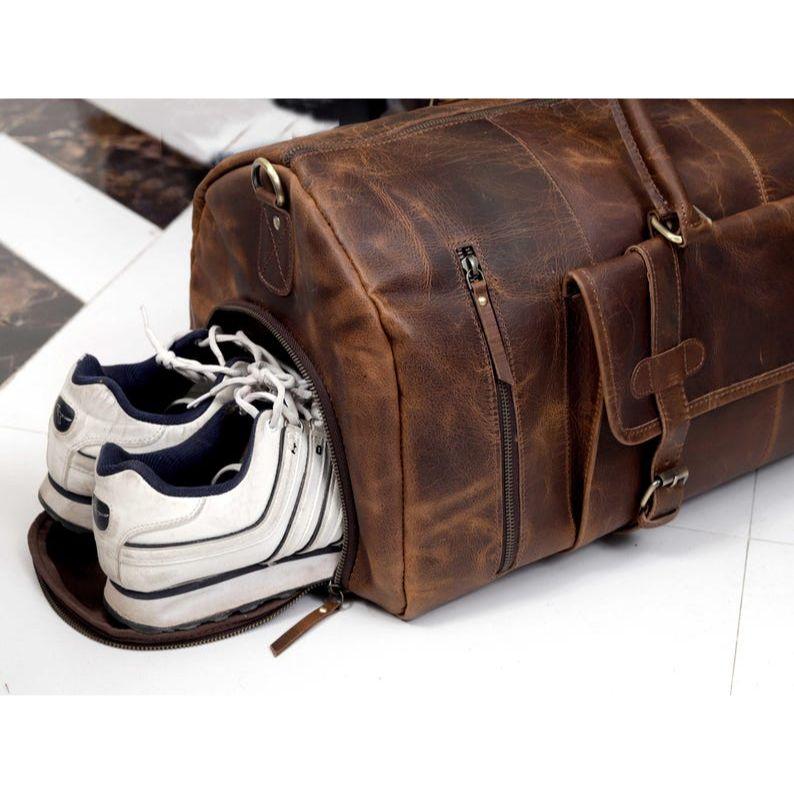 Personalized Brown Leather Duffel Bag Weekender Travel Bag Handmade Leather Duffel Luggage Bag with Shoe Compartment Carry On Overnight Bag