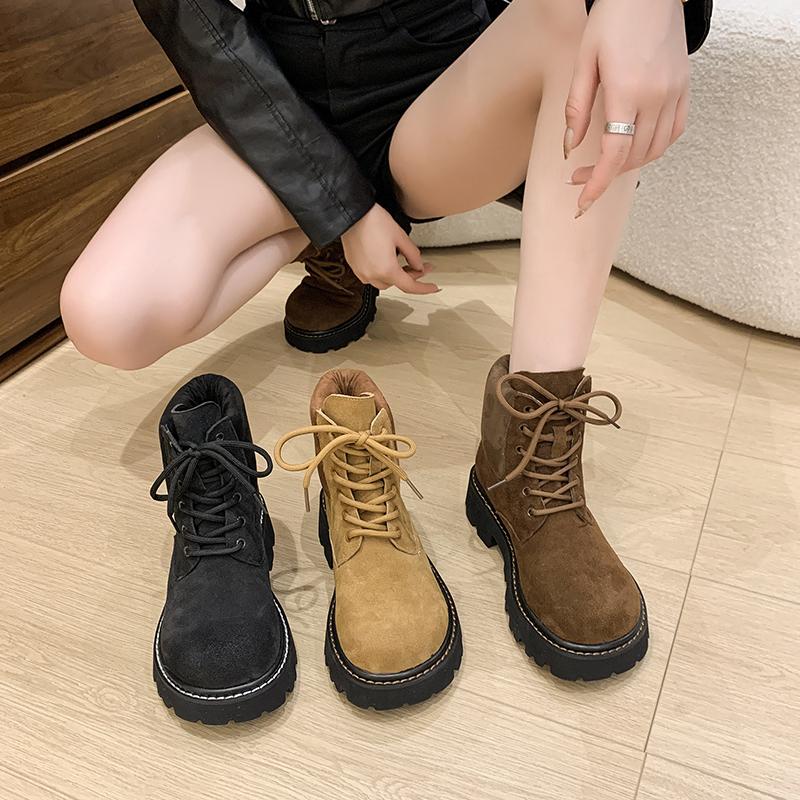 Autumn Winter Thick Sole Lace-Up Riding Boots Women's Suede Patchwork Ankle Boots Platform British Style Casual Platform Shoes