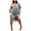 Women's Summer Plus Size V-Neck Short Sleeve Knee Pocket Printed Casual Dress