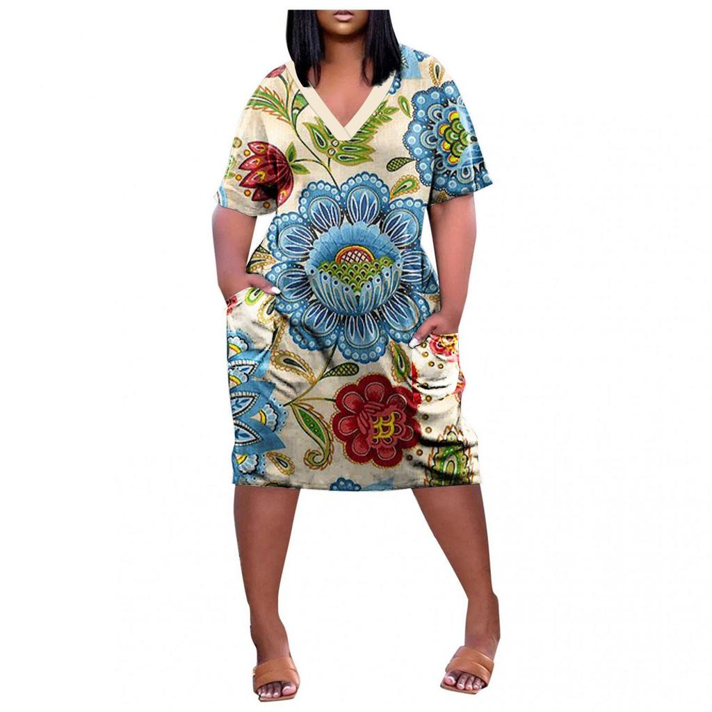 Women's Summer Plus Size V-Neck Short Sleeve Knee Pocket Printed Casual Dress