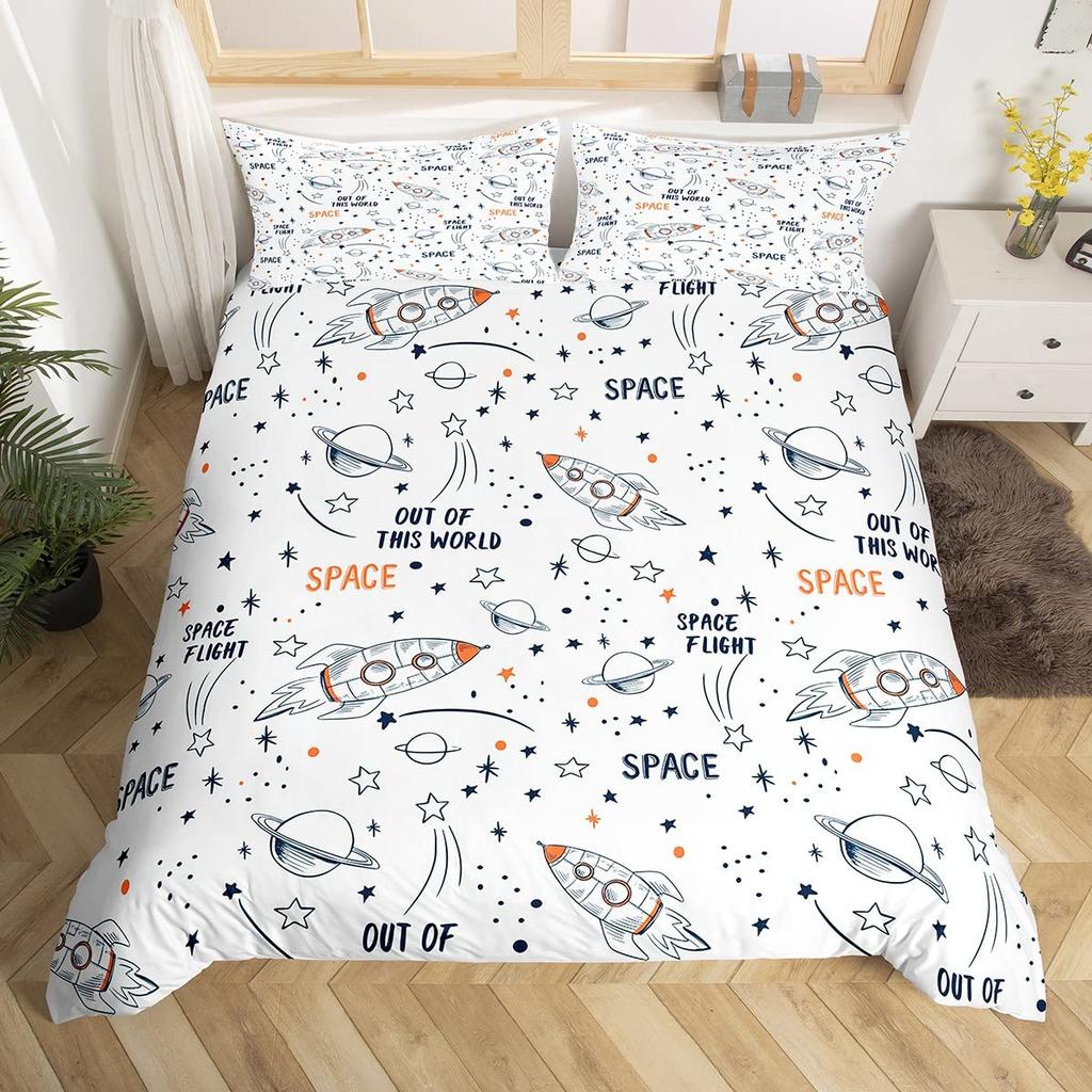 Kids Rocket Duvet Cover Twin Boys Space Planet Theme Bedding Set 3pcs Set Watercolor Spaceship Stars Universe Comforter Cover