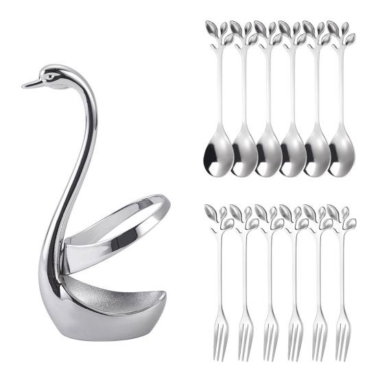 Stainless Steel Mini Fruit Forks Spoons with Non-Slip Handle Food-Grade Swan Storage Rack for Kids Desserts Snacks Parties Weddings