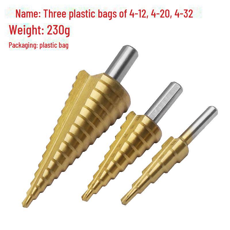 High-speed Steel Titanium-plated Step Drill Set for Hole Enlargement, with Hexagonal Shank and Pagoda Design.