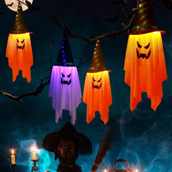 2 Packs Halloween Ghost Lights Outdoor Spooky Hanging Witch Hat Ghost Battery Operated Halloween Lamp for Yard Porch