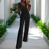 Women Jumpsuit See-through Mesh Patchwork High Waist with Pockets Wide Leg V Neck Prom Party Formal Banquet Jumpsuit