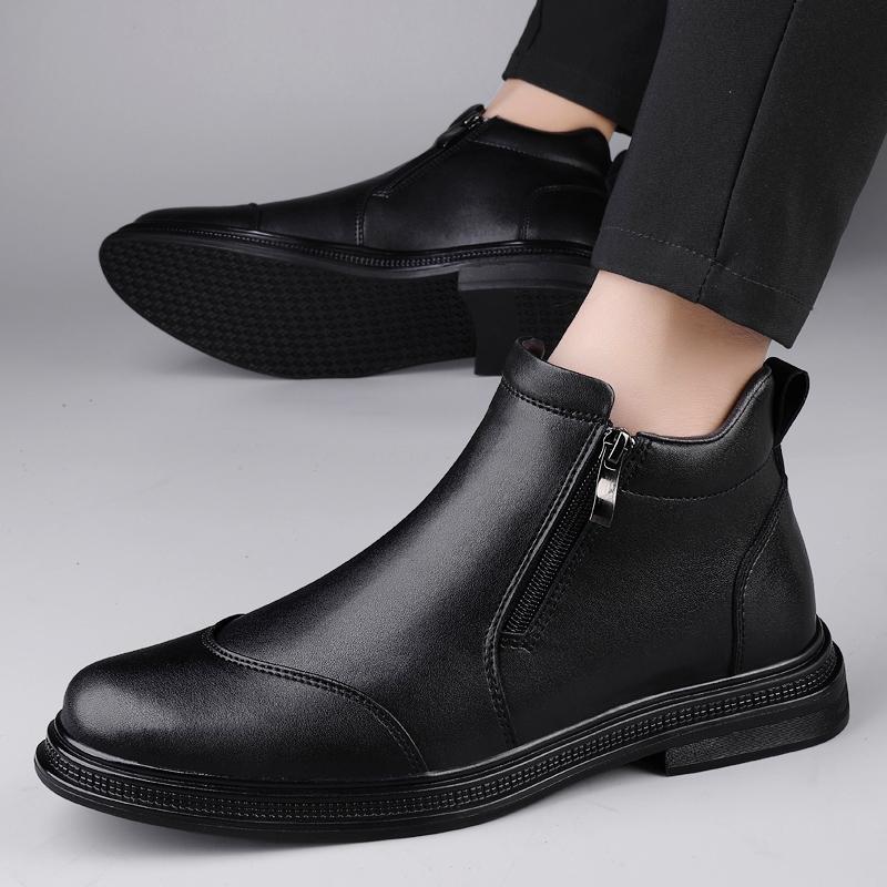 2024 New Fashion Trends Mens Chelsea Boots Genuine Leather Ankle Boots Slip-on Man Business Shoes Cowhide Fur Warm Winter Boots