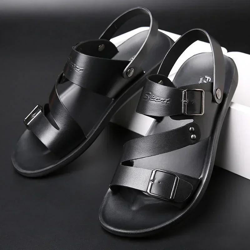 Men's Sandals Solid Color Open Toe Mens Leather Sandals 2024 New Slippers Beach for Male Leather Footwear