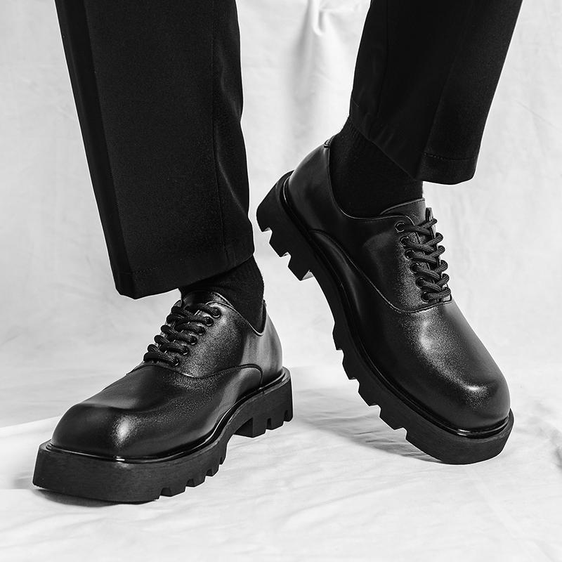 Trendy Gentleman Men's Casual Thick Soled Leather Shoes Minimalist and Versatile Style Fashion Party Office Elevated Shoes