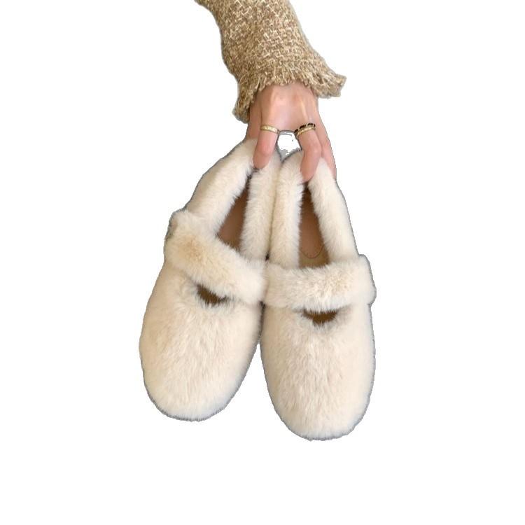 White Fluffy Shoes Women's Inner Height Increased by 5cm Plush Fluffy Shoes Women's Winter New One-word with Thick-soled Fluffy Cotton Single Shoes