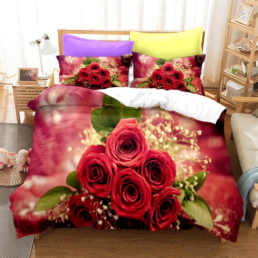 Red Rose Romantic Valentine's Day Floral Duvet Cover for Women Girls Valentine's Day Gift Flowers Print Quilt Cover Room Decor