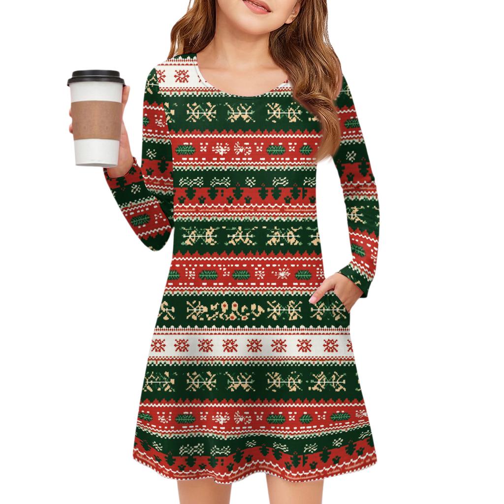 Christmas Day Girls' Long Sleeve Dress - Color Pocket Dress