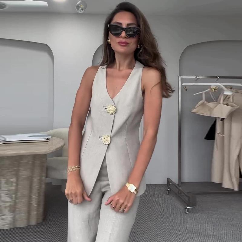 Casual V-Neck Vest Two-piece Suit Women Solid Button Sleeveless Tank Top High Waist Wide Leg Pants Slim Fit Office Lady Outfits