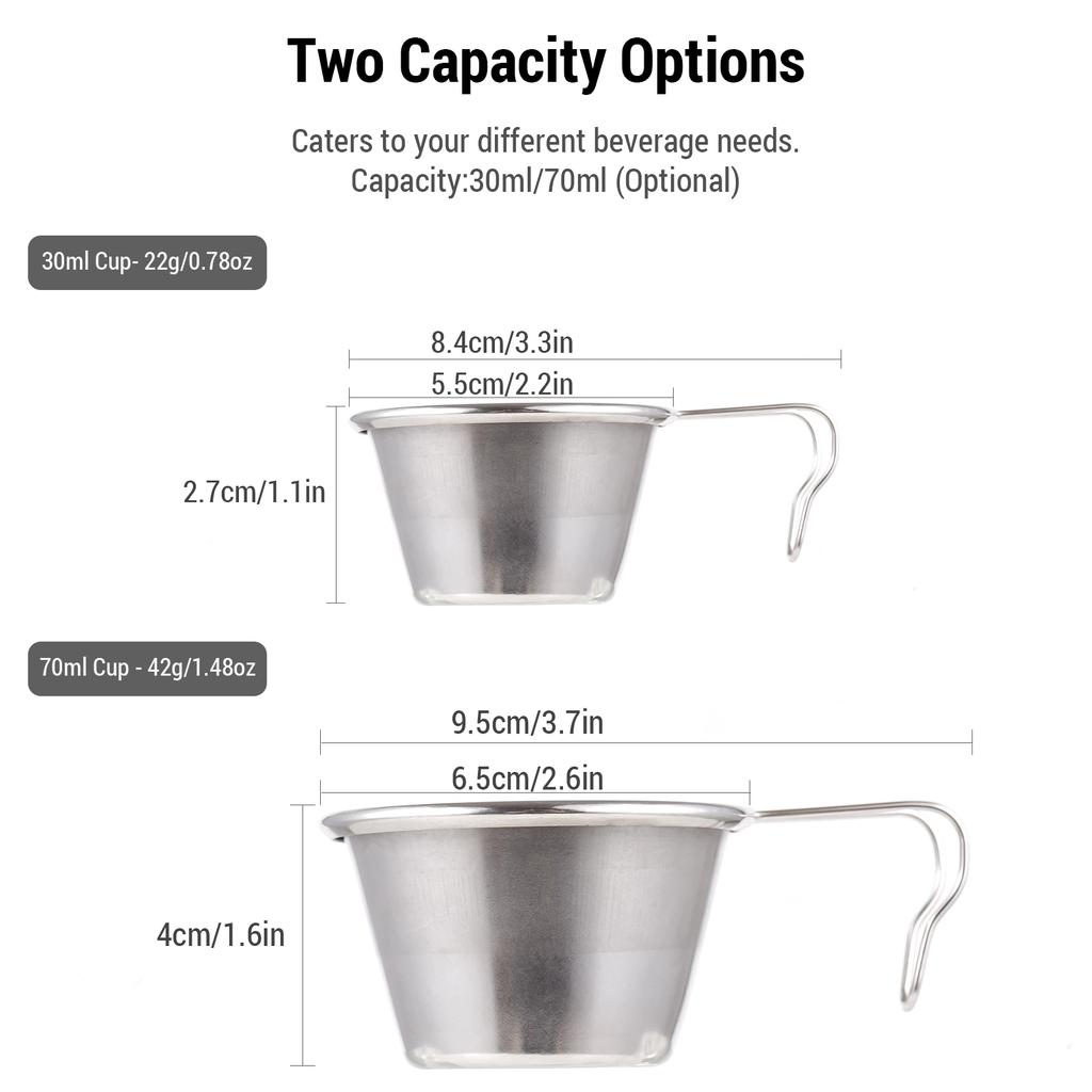 Sierra Cup Tea Coffee Sets of 4 Stainless Steel with Folding Handle 30ml and 70ml Options Perfect
