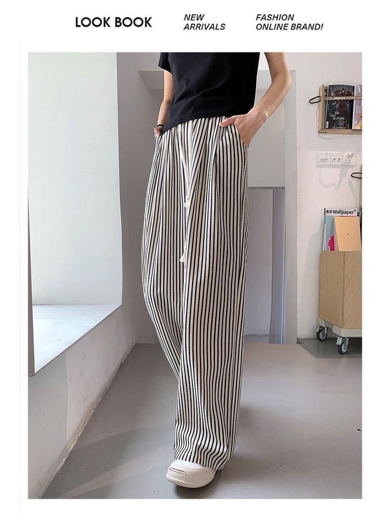Women's Korean Pinstripe Wide-Leg Pants - Summer Casual, Loose Fit, Elastic Waist & Drawstring, Textured Straight-Leg.
