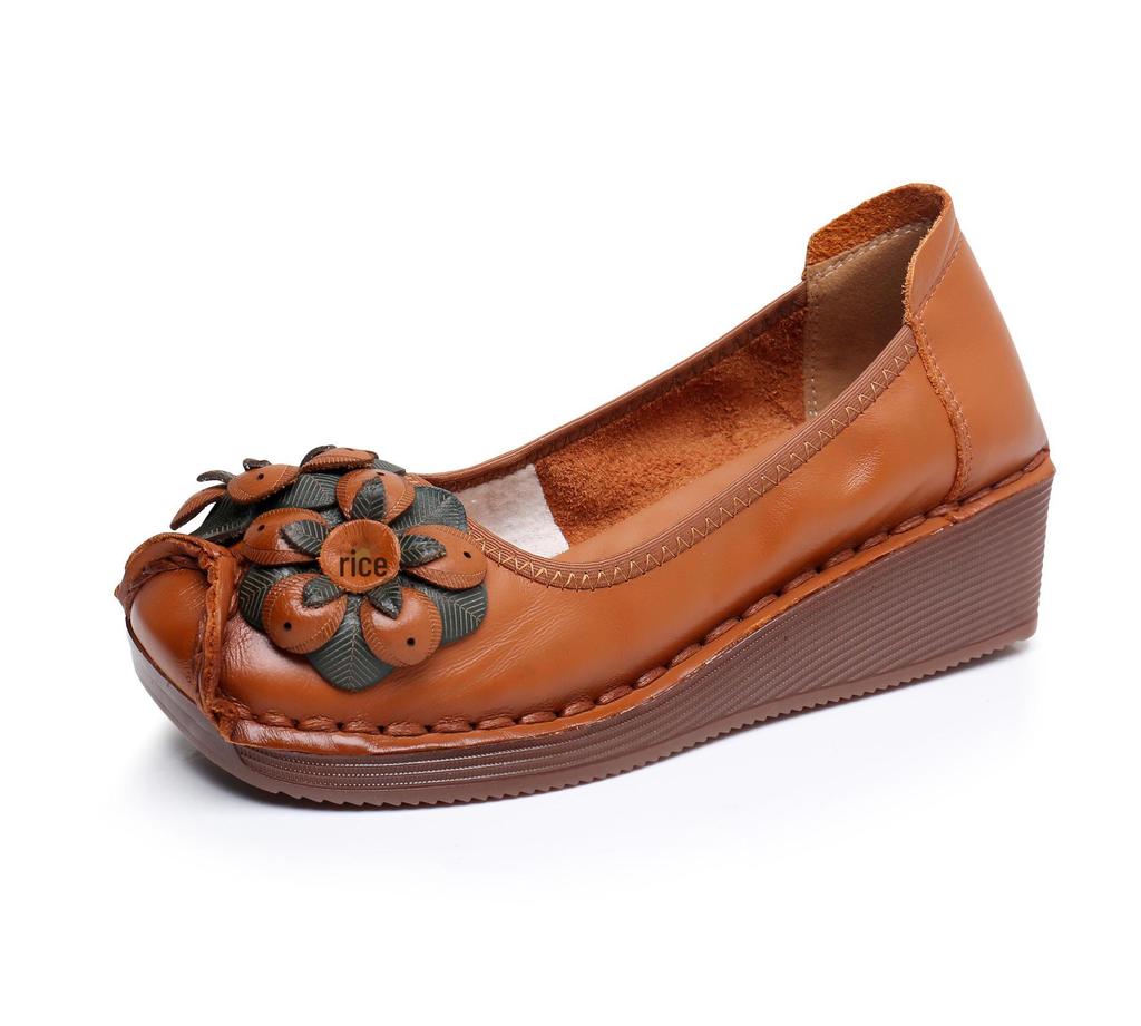 2024 Ethnic Style Cowhide Wedge Heels: Comfortable, Non-Slip, Floral Casual Shoes