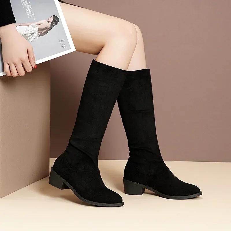 Fashion Pointed Toe Pleated Boots Women Black Nude Faux Suede Flock Knee High Boots Ladies Low Chunky Heel Cowboy Boots Plus Size 2024