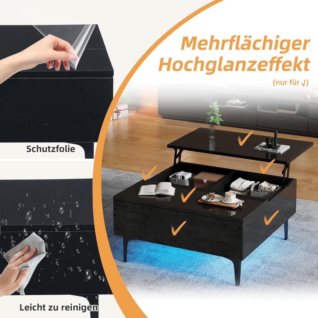 Couchtisch Platte, Moderner Kaffeetisch ausziehbarer LED, Sofatisch Schubladen & Versteckter Stauraum, Beistelltisch Wohnzimmer, Büro, Schwarz