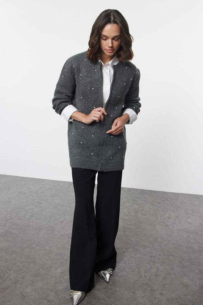 Women's Fashionable Stylish Hijab Cardigan Gray Stone Detailed Zippered Knitwear Cardigan